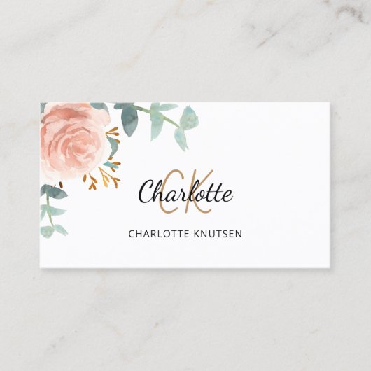 Rose Gold Blumenmonogramm Qr-Code Visitenkarte (Vorderseite)