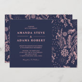 Rose Gold Blumenmuster Navy Blue Stilvolle Hochzei Einladung (Vorne/Hinten)