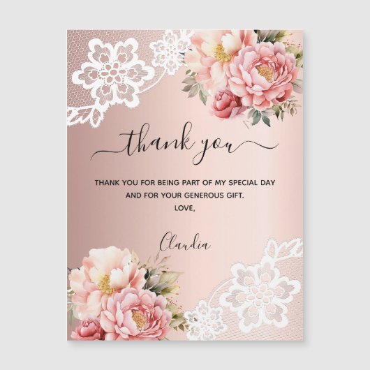 Rose Gold Blumenspitze Dank Kartenmagnet Magnetkarte (Vorderseite)