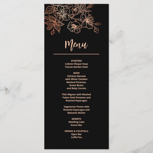 Rose Gold Blumenstrauch Art Black Wedding Menükarte (Vorderseite)