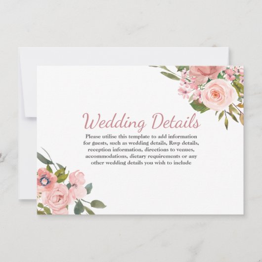 Rose Gold Blush Blume Hochzeitsempfehlung Details Einladung (Vorderseite)
