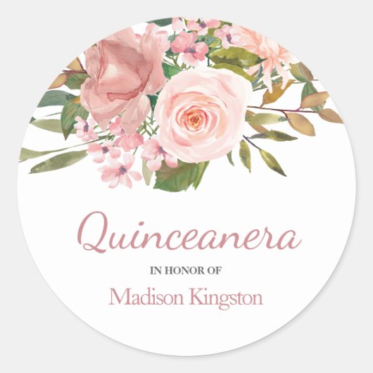 Rose Gold & Blush Blume Quinceanera Gefallen Runder Aufkleber (Vorderseite)