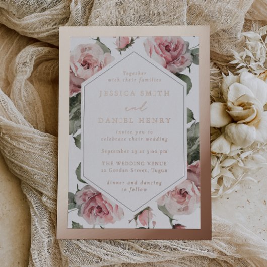 Rose Gold Blush Blumenrahmen Hochzeit Folieneinladung