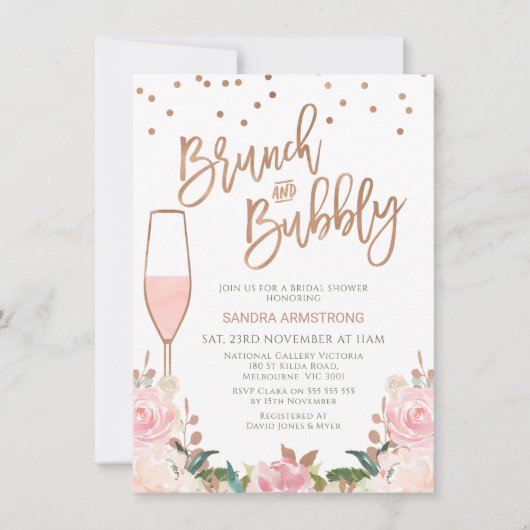 Rose Gold Blush Brunch Bubbly Brautparty Einladung (Vorderseite)