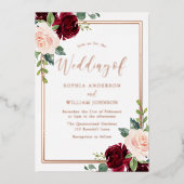 Rose Gold, Blush & Burgund Blumenhochzeit Folieneinladung (Vorderseite)