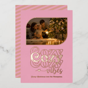 Rose Gold & Blush Cozy Vibes Retro Weihnachtsfoto Folien Feiertagskarte