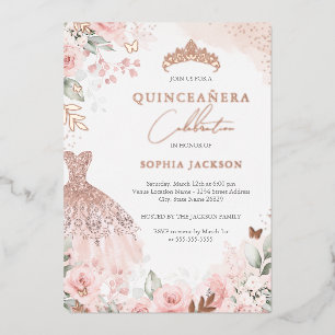 Rose Gold Blush Dress Floral Quinceanera Folieneinladung