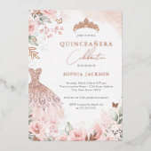Rose Gold Blush Dress Floral Quinceanera Folieneinladung (Vorderseite)