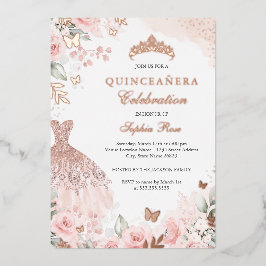 Rose Gold Blush Dress Floral Quinceanera Folieneinladung