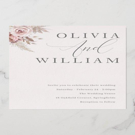Rose Gold Blush Dusty Rose Rosa Blumenzehen Folieneinladung (Rückseite)