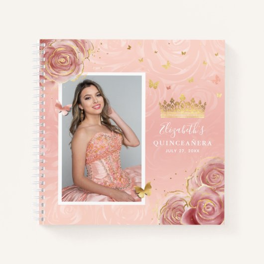 Rose Gold Blush Elegantes Foto Quinceanera Gast Notizblock (Vorderseite)