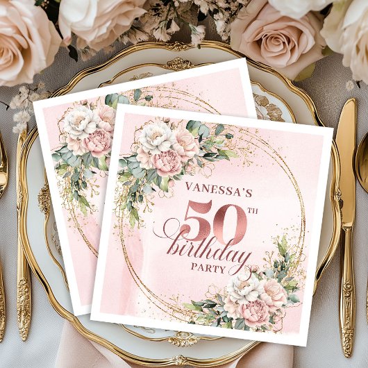 Rose Gold Blush Eucalyptus 50th Birthday Napkins Serviette