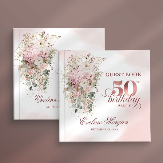 Rose Gold Blush Floral 50th Birthday Guest Book Gästebuch