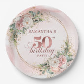 Rose Gold Blush Floral 50th Birthday Paper Plates Pappteller (Vorderseite)