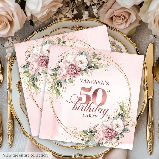 Rose Gold Blush Floral 50th Birthday Party Napkins Serviette