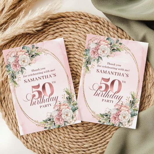 Rose Gold Blush Floral Greenery 50th Birthday   Dankeskarte