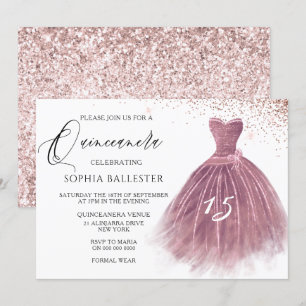 Rose Gold Blush Glitzer Gown Quinceanera Party Einladung