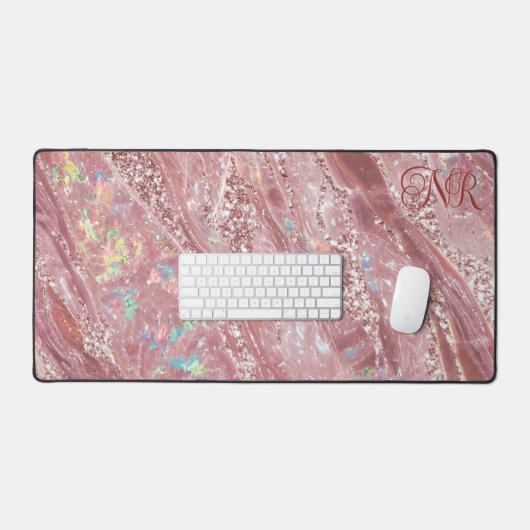 Rose Gold & Blush Glitzer Holographic Opal Marmor Schreibtischunterlage (Tastatur & Maus)