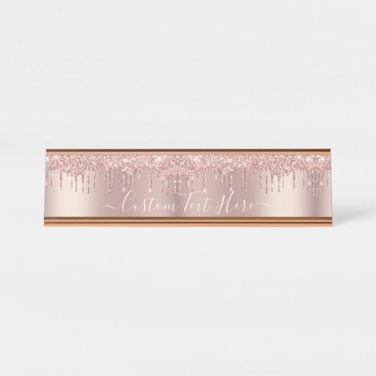 Rose Gold Blush Glitzer Sparkeln Tropfen Benutzerd Schreibtischnamensplakette (Vorderseite )
