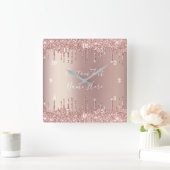 Rose Gold Blush Glitzer Sparkeln Tropfen Textklemm Quadratische Wanduhr (Zuhause)