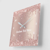 Rose Gold Blush Glitzer Tropfen Textnamensklammer Quadratische Wanduhr (Winkel)