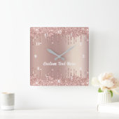 Rose Gold Blush Glitzer Tropfen Textnamensklammer Quadratische Wanduhr (Zuhause)