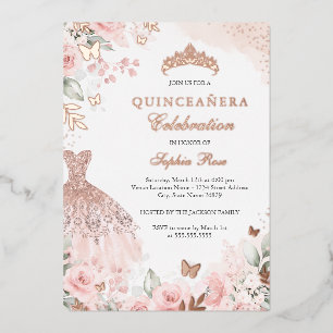 Rose Gold Blush Kleid Floral Quinceanera  Folieneinladung