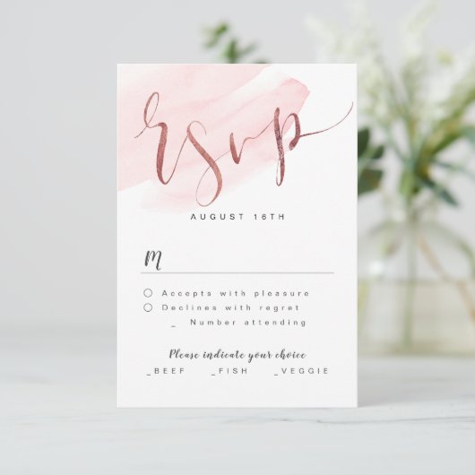 Rose Gold Blush Moderne einfache Script Hochzeit R RSVP Karte (Stehend Vorderseite)