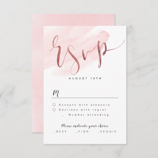 Rose Gold Blush Moderne einfache Script Hochzeit R RSVP Karte (Vorne/Hinten)