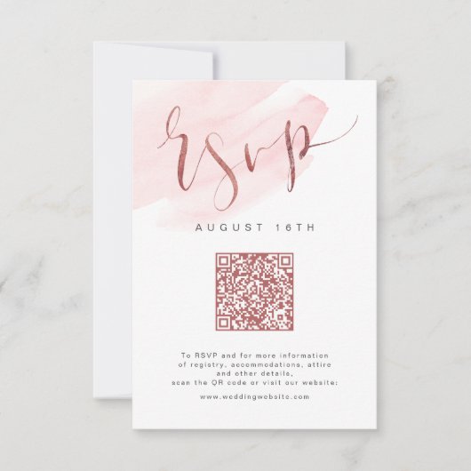 Rose Gold Blush Modernes Skript Hochzeit QR-Code RSVP Karte (Vorderseite)