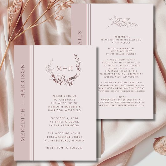 Rose Gold Blush Monogram All in one Wedding Einladung