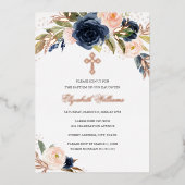 Rose Gold Blush Navy Bloral Girl Taufe Folieneinladung (Vorderseite)