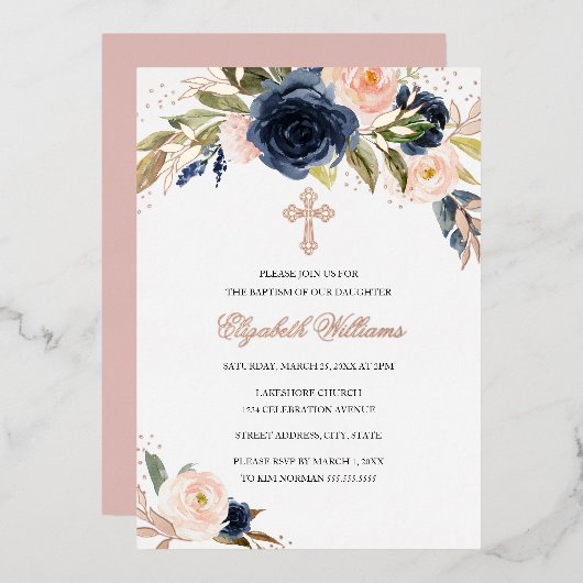 Rose Gold Blush Navy Bloral Girl Taufe Folieneinladung (Vorderseite/Rückseite)
