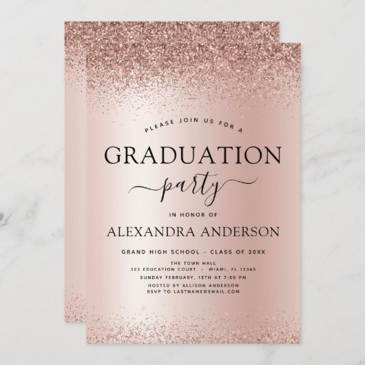 Rose Gold Blush Pink 2023 Graduation Party Glitzer Einladung (Vorne/Hinten)