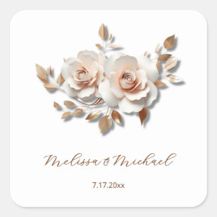 Rose Gold Blush Pink 3D Rosen Ihre Namen Hochzeit Quadratischer Aufkleber