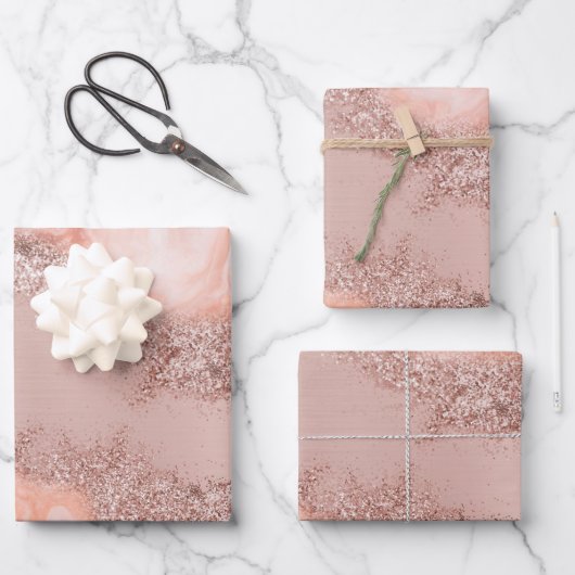 Rose Gold Blush Pink Agate Geode Glitzer Geschenkpapier Set (Vorderseite)