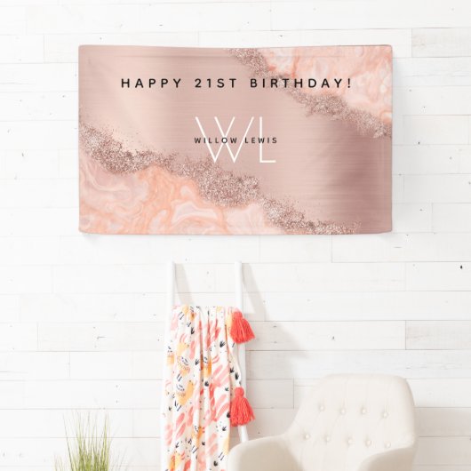 Rose Gold Blush Pink Agate Geode Glitzer Monogram Banner (Insitu)
