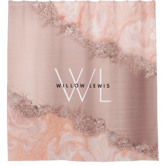 Rose Gold Blush Pink Agate Geode Glitzer Monogram Duschvorhang (Vorderseite)