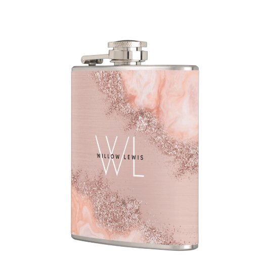 Rose Gold Blush Pink Agate Geode Glitzer Monogram Flachmann (Links)