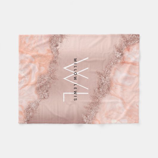 Rose Gold Blush Pink Agate Geode Glitzer Monogram Fleecedecke (Vorderseite (Horizontal))