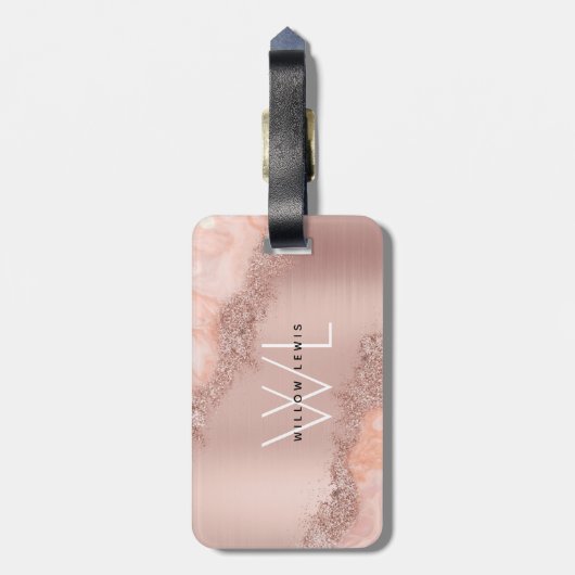 Rose Gold Blush Pink Agate Geode Glitzer Monogram Gepäckanhänger (Rückseite vertikal)