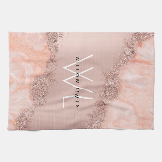 Rose Gold Blush Pink Agate Geode Glitzer Monogram Geschirrtuch (Horizontal)