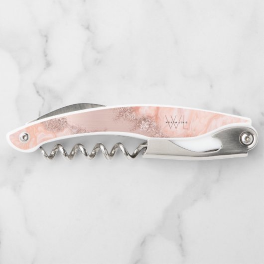 Rose Gold Blush Pink Agate Geode Glitzer Monogram Kellnermesser (Rückseite)