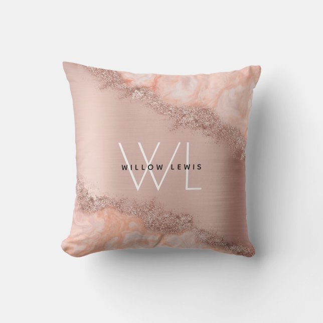 Rose Gold Blush Pink Agate Geode Glitzer Monogram Kissen (Vorderseite)