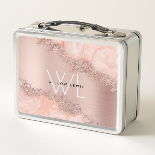 Rose Gold Blush Pink Agate Geode Glitzer Monogram Metall Brotdose (Rückseite)