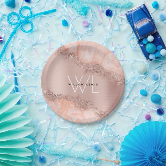 Rose Gold Blush Pink Agate Geode Glitzer Monogram Pappteller (Party)
