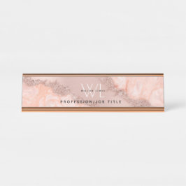 Rose Gold Blush Pink Agate Geode Glitzer Monogram Schreibtischnamensplakette