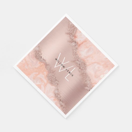 Rose Gold Blush Pink Agate Geode Glitzer Monogram Serviette (Ecke)