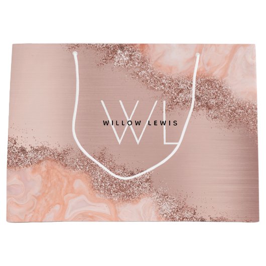 Rose Gold Blush Pink Agate Geode Glitzer Monogramm Große Geschenktüte (Vorderseite)