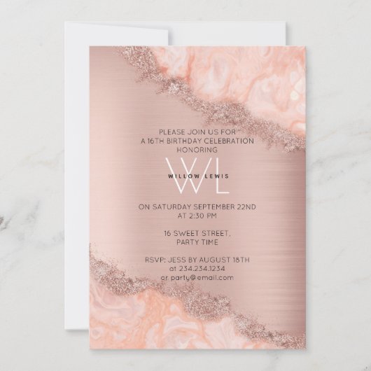 Rose Gold Blush Pink Agate Geode Glitzer Sweet 16 Einladung (Vorderseite)